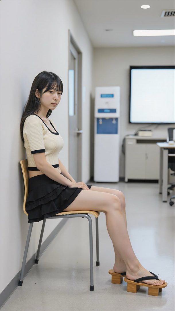 Young East Asian woman with long black hair posing seated in an office hallway wearing a cream knit top and black tiered skirt with traditional geta sandals.
