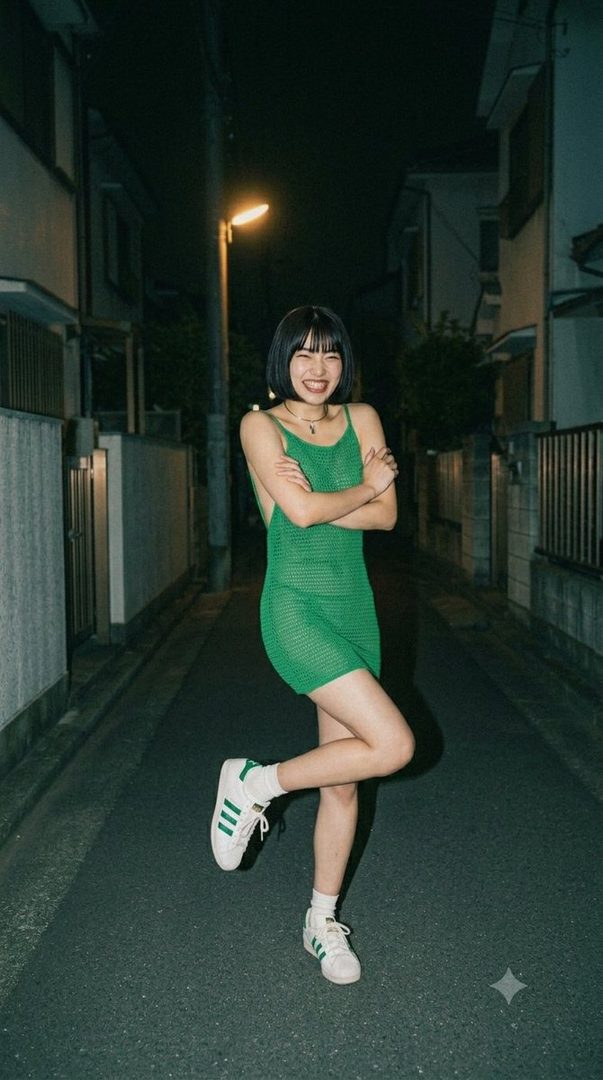 A young woman with a bob haircut and a green knit dress smiles playfully on a dark street at night, illuminated by a street light.
