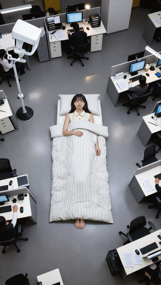 Young woman with glasses lying in a striped bed positioned in the center of a modern open-plan office surrounded by workers at desks.
