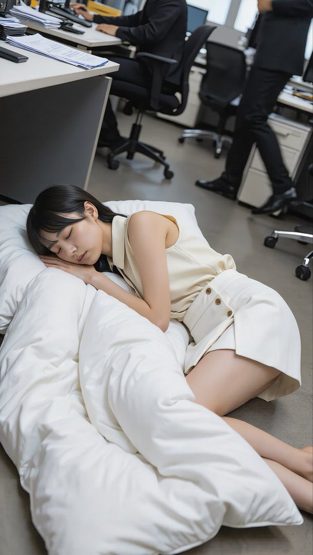 A young woman in a cream outfit sleeping on a white pillow on the floor of a busy office.