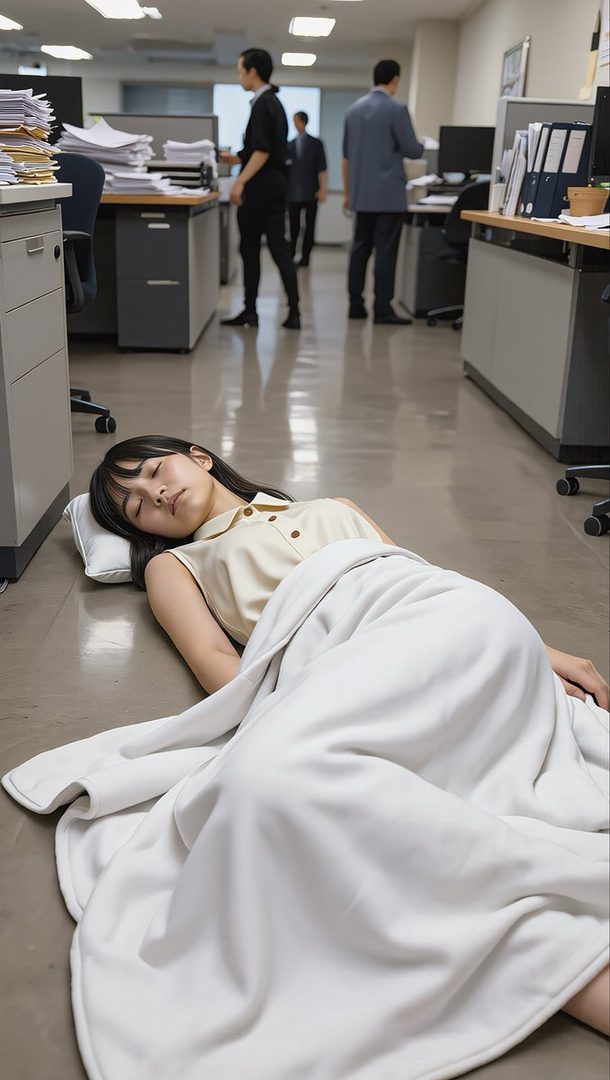Young Japanese woman with long black hair resting on the floor of a modern office, covered by a white blanket with colleagues working in the background.