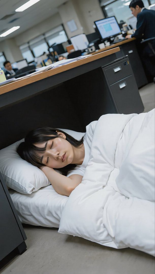A young East Asian woman with long black hair sleeping peacefully under a white comforter on the floor of a modern office.