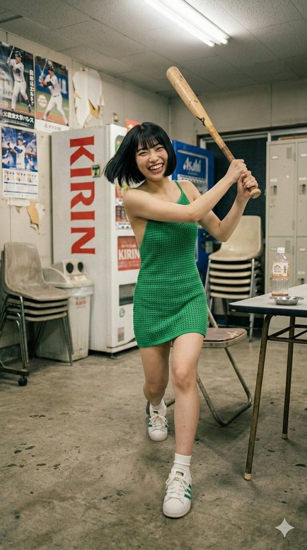 A young woman with short black hair, wearing a green knit dress and white sneakers, holds a baseball bat and laughs in an indoor batting cage.