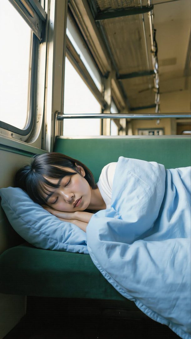Young East Asian woman with short black hair sleeping peacefully on a green train seat under a light blue blanket.