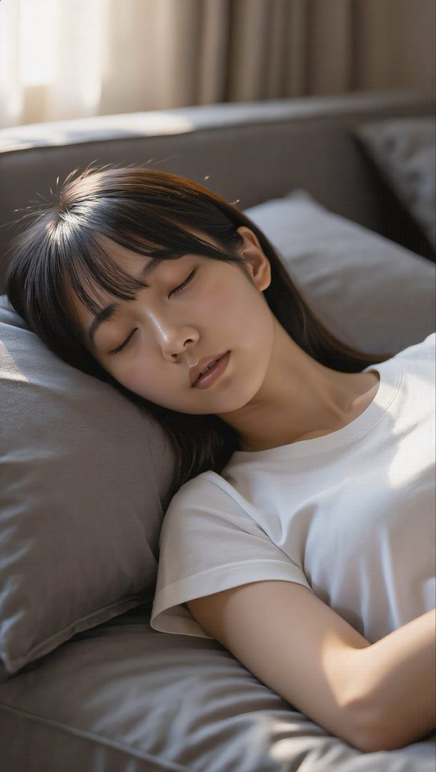 A young East Asian woman with long dark hair and bangs sleeping peacefully on a gray pillow in soft indoor light, wearing a white t-shirt.