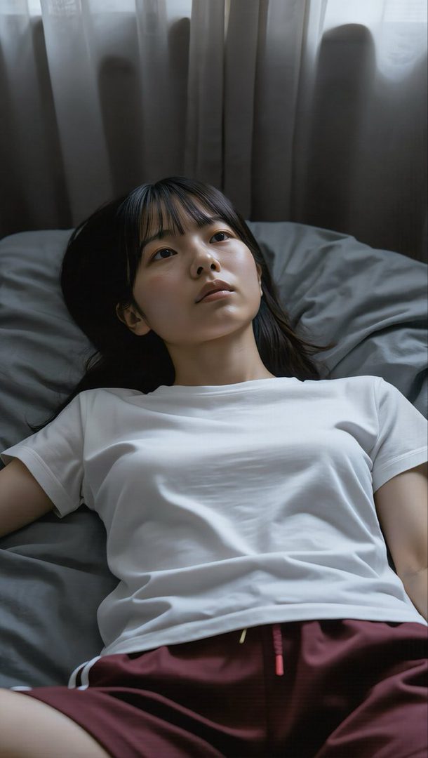 Young East Asian woman with black hair lying on a bed in a white t-shirt, looking upwards in soft bedroom light.