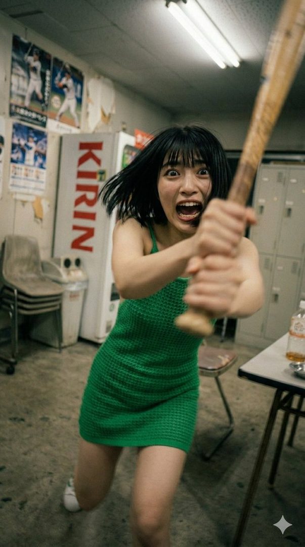A woman with short black hair and a green knit dress swings a baseball bat with an intense, screaming expression in what appears to be a locker room.
