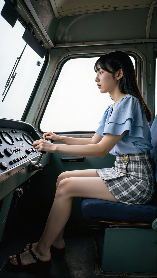 Young woman with long black hair operating train controls while seated in the cabin wearing a blue ruffled blouse and plaid skirt.