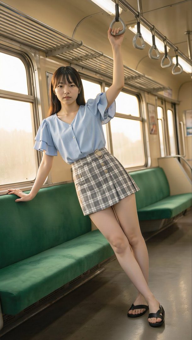 Young East Asian woman posing in a sunlit train car while holding an overhead strap.