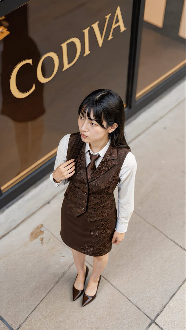 Young East Asian woman in stylish embroidered brown vest and skirt office attire posing on a city sidewalk in front of a Godiva store.