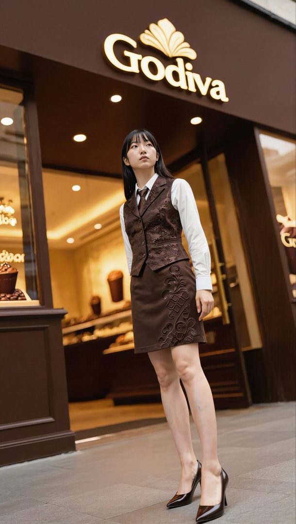 Young woman in a stylish brown embroidered office-style uniform posing in front of a Godiva chocolate shop.