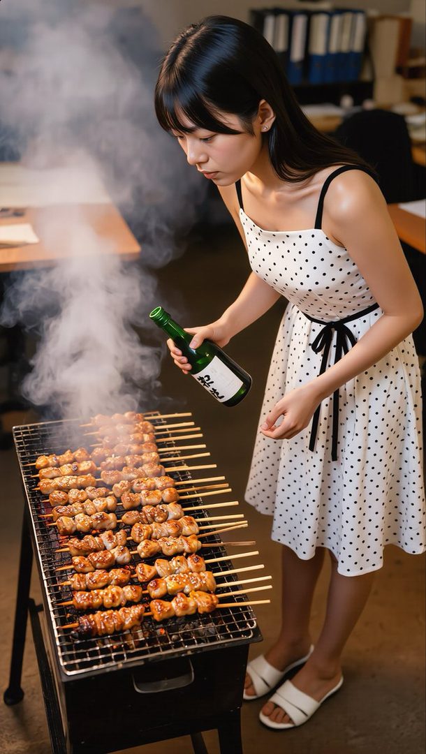 A young East Asian woman in a white polka-dot dress stands indoors holding a green bottle while grilling skewers on a smoky barbecue.