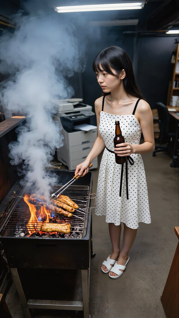 A young East Asian woman in a white polka-dot dress grilling meat on a portable barbecue indoors while holding a beer bottle.