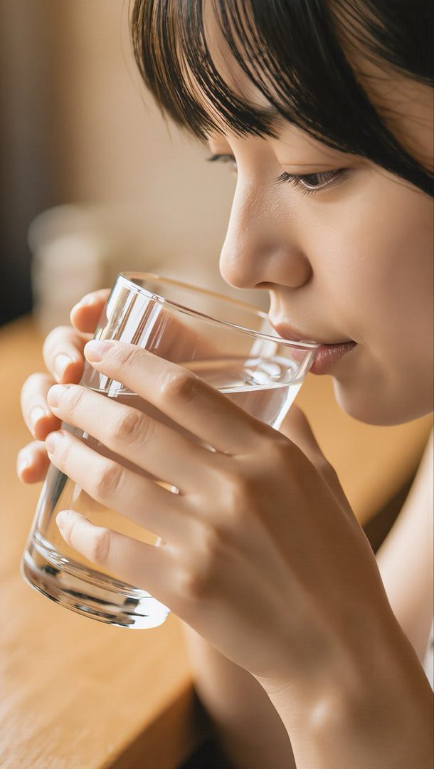 Close-up portrait of a young East Asian woman with dark bangs drinking water from a glass at a wooden table.