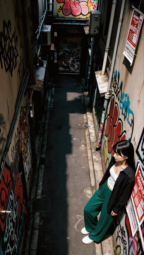 Young woman with long black hair leaning against a graffiti wall in a narrow sunlit alley wearing green wide-leg pants and a cropped white top.