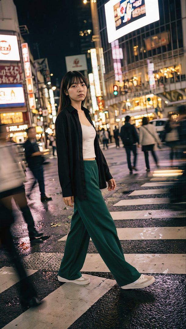Young East Asian woman with long dark hair crossing a neon-lit city street at night in casual black shirt and green wide-leg pants.