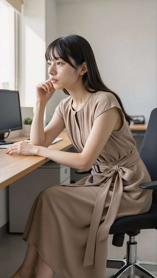 A young East Asian woman in a beige belted dress sits thoughtfully at an office desk with her hand on her chin.