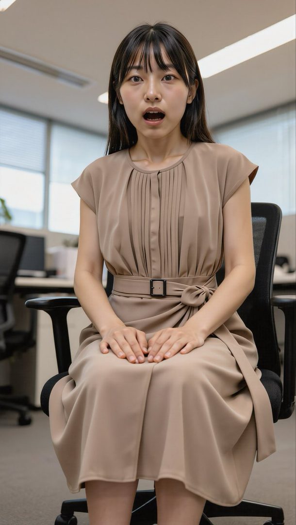 A young East Asian woman in a beige belted dress sits in an office chair with a surprised expression.
