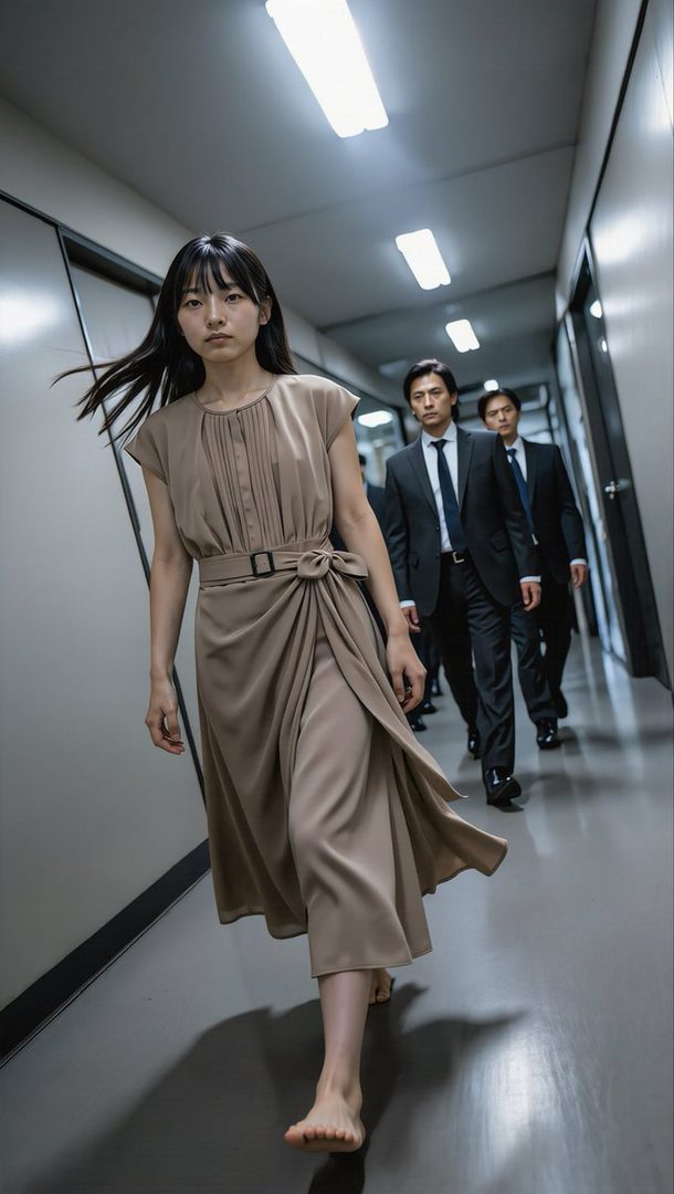 A young woman in a flowing beige dress walks barefoot through a modern office hallway, followed by two men in business suits.