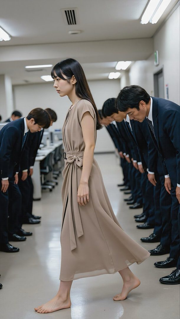 Elegant woman in a flowing beige dress walks barefoot through an office corridor as rows of suited businessmen bow deeply behind her.