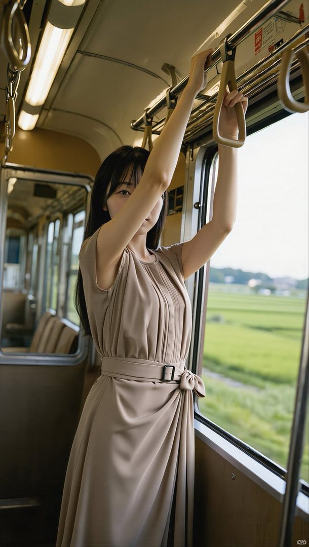A young woman with long black hair wearing a beige dress stands inside a moving train, holding a hand strap while gazing at green fields outside the window.