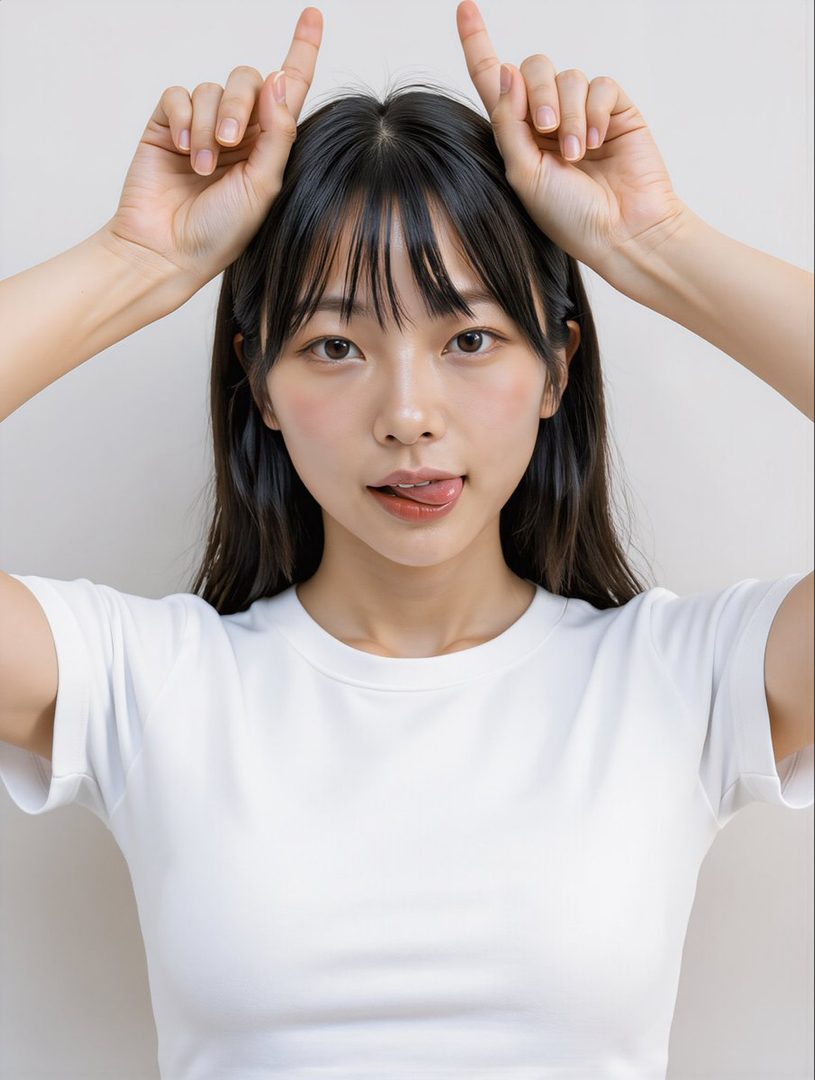 A young East Asian woman with long black hair and bangs playfully sticking out her tongue while raising both hands above her head against a plain studio background.