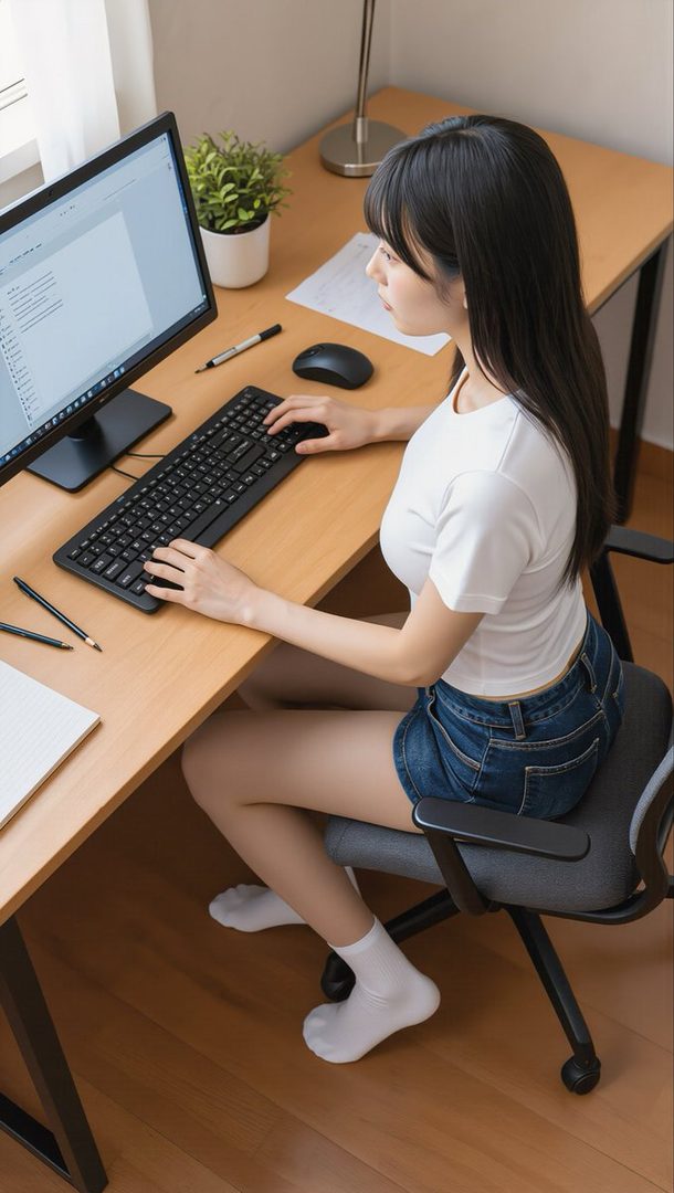 Young woman with long black hair sitting at a wooden desk working on a computer in a bright indoor office setting.