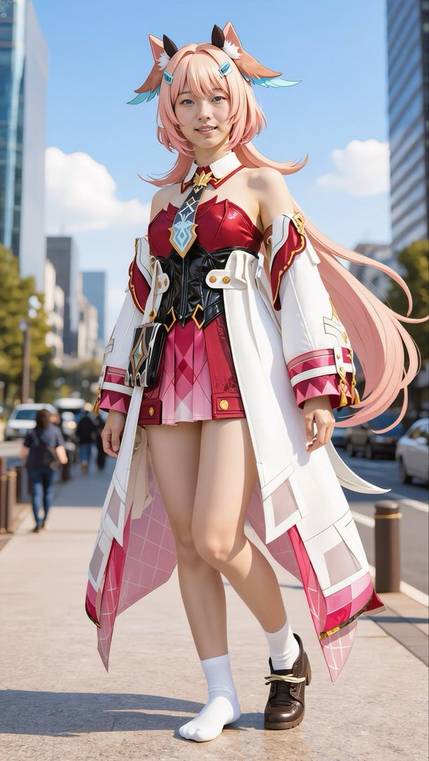 Young woman with pink hair and cat ears in detailed red and white cosplay outfit posing on a sunny city street.