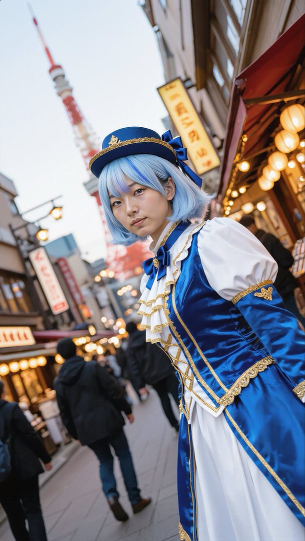 Young woman with light blue hair in elegant blue and white cosplay dress posing on a bustling Tokyo street at dusk with Tokyo Tower visible.