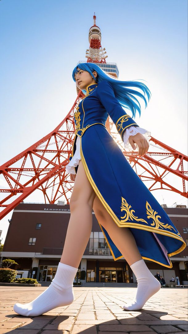 Cosplayer with long blue hair posing dynamically in a blue and gold military uniform in front of Tokyo Tower on a sunny day.