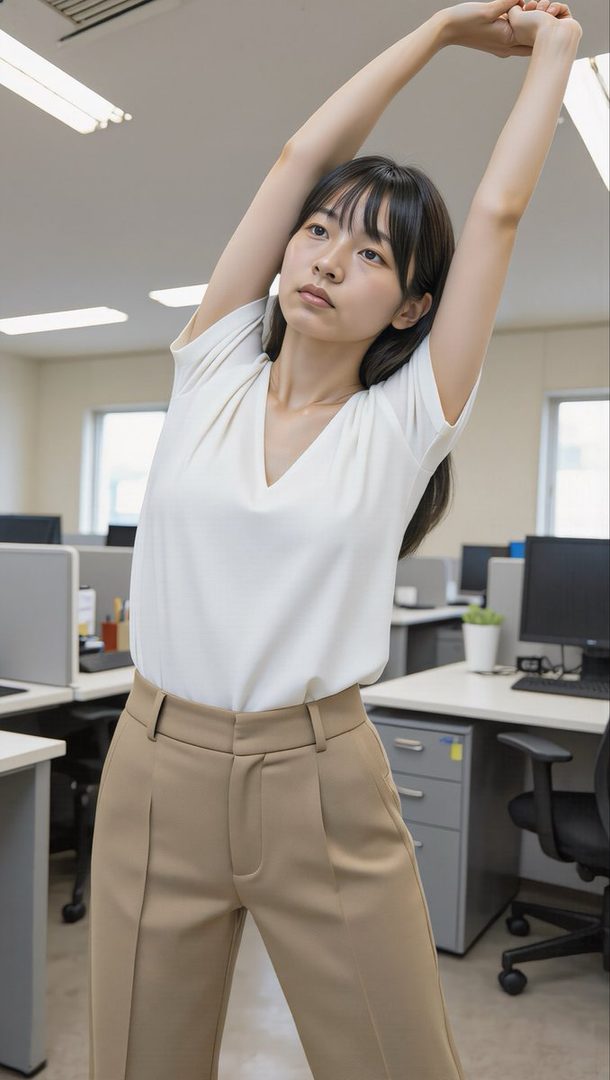 Young East Asian woman with dark hair wearing a white blouse and beige trousers stretching in a bright modern office.