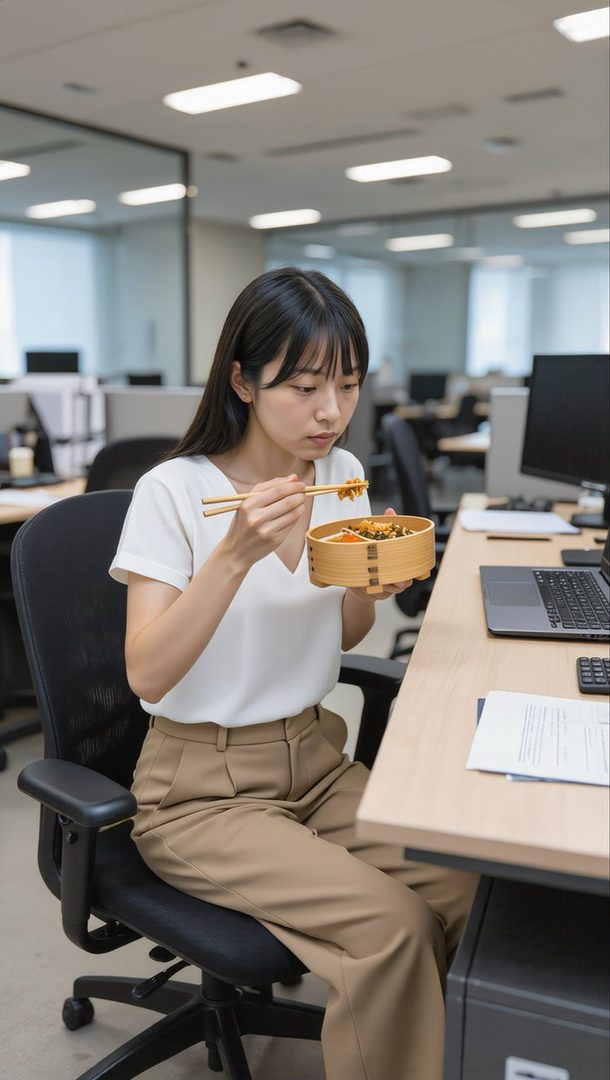A young East Asian woman eating lunch from a bento box at her office desk.