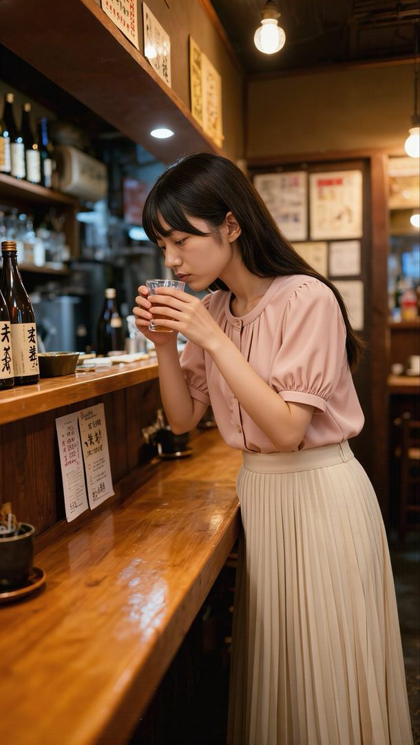 A young Japanese woman with long dark hair wearing a pink blouse and pleated skirt sips a drink at a wooden bar in a traditional Japanese izakaya.