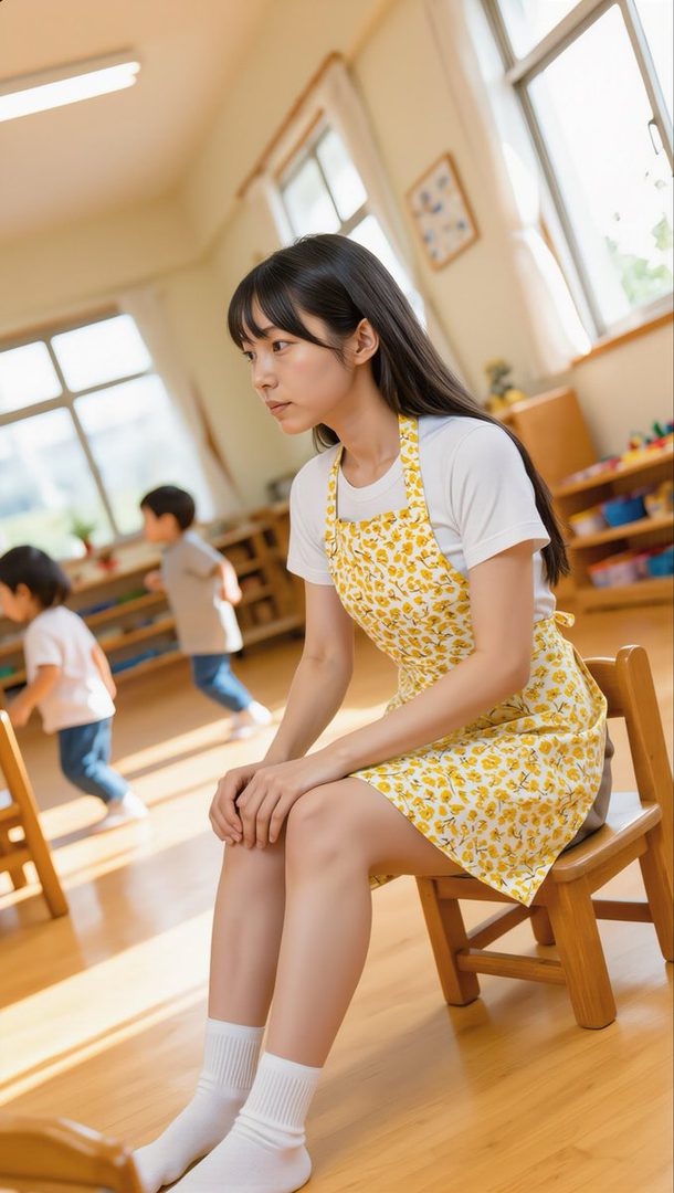 Young woman with long black hair wearing a yellow floral apron sits thoughtfully in a sunlit kindergarten classroom.