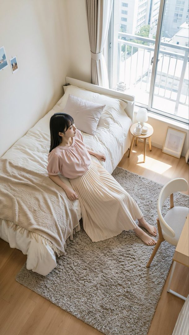 A young woman with long black hair reclines on a bed in a bright modern bedroom wearing a pink blouse and pleated beige skirt.