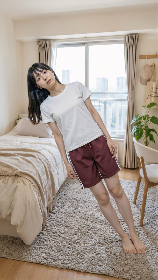 Young East Asian woman with long black hair leaning casually in a bright bedroom wearing a white t-shirt and maroon shorts.