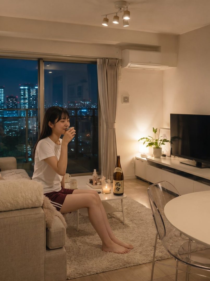 Young Japanese woman with long black hair sitting barefoot on a sofa in a modern living room at night, sipping from a small cup beside a sake bottle with city lights visible through the window.