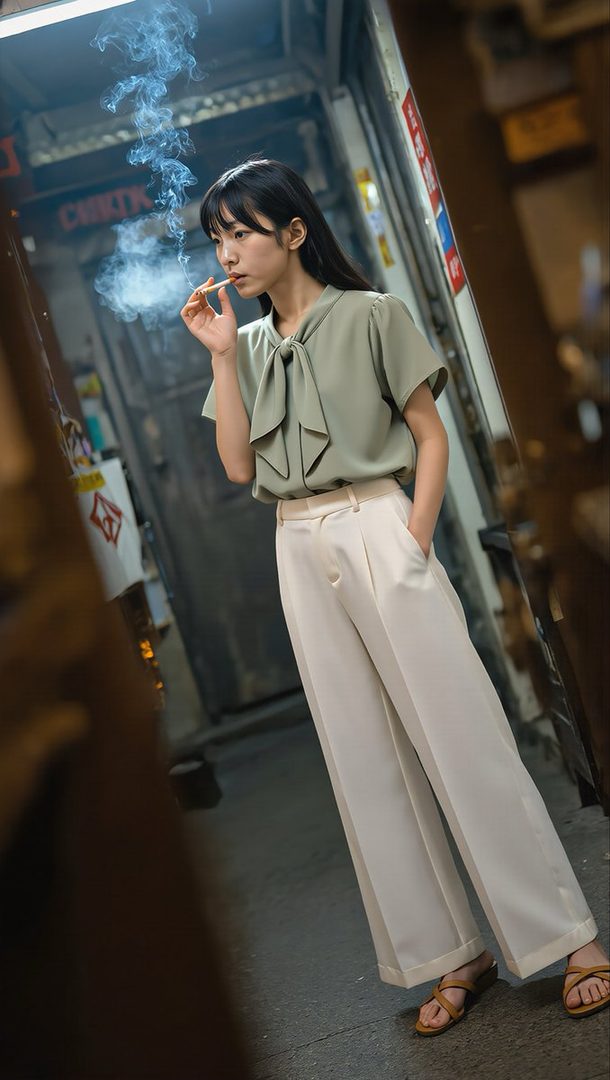Young East Asian woman with long black hair smoking a cigarette while standing in a narrow urban alley, wearing a sage green bow blouse and white wide-leg trousers.