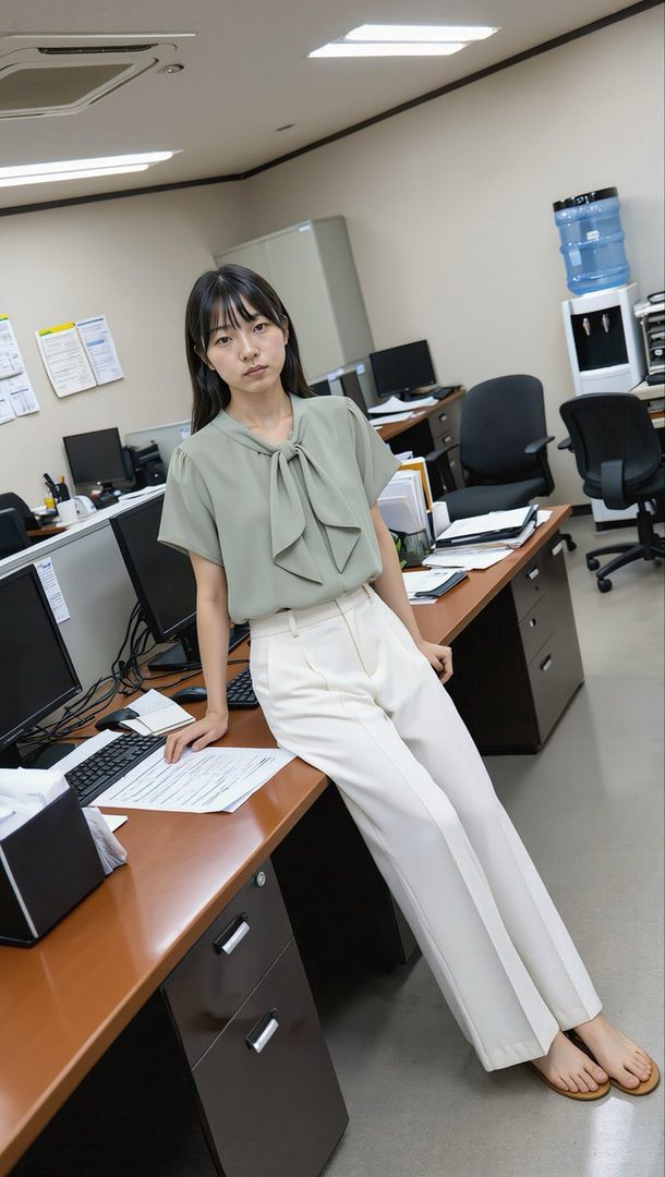 Young East Asian woman with dark hair wearing a sage green bow blouse and white trousers, posing confidently in a modern office setting.