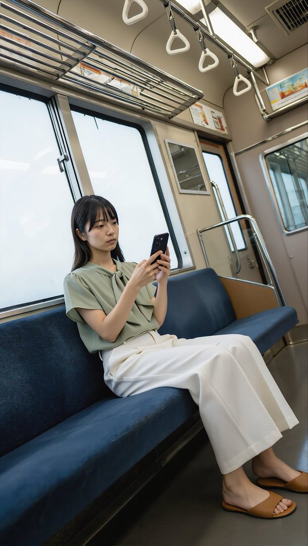 Young woman with long dark hair sitting on a blue train seat while looking at her smartphone.