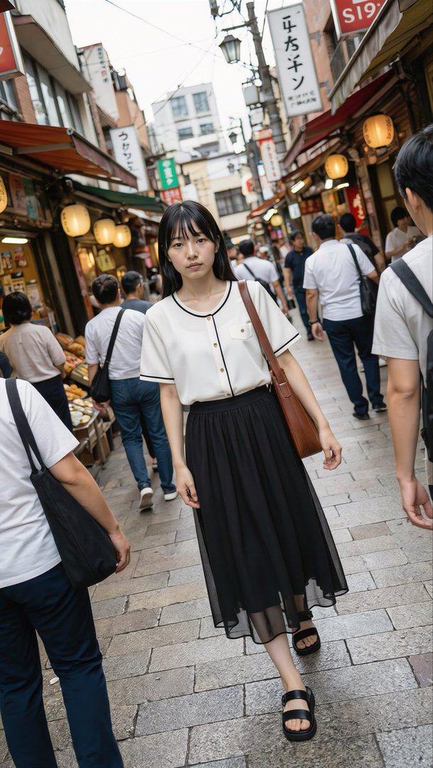 Young East Asian woman in white blouse and black midi skirt walking through a bustling Japanese market street.