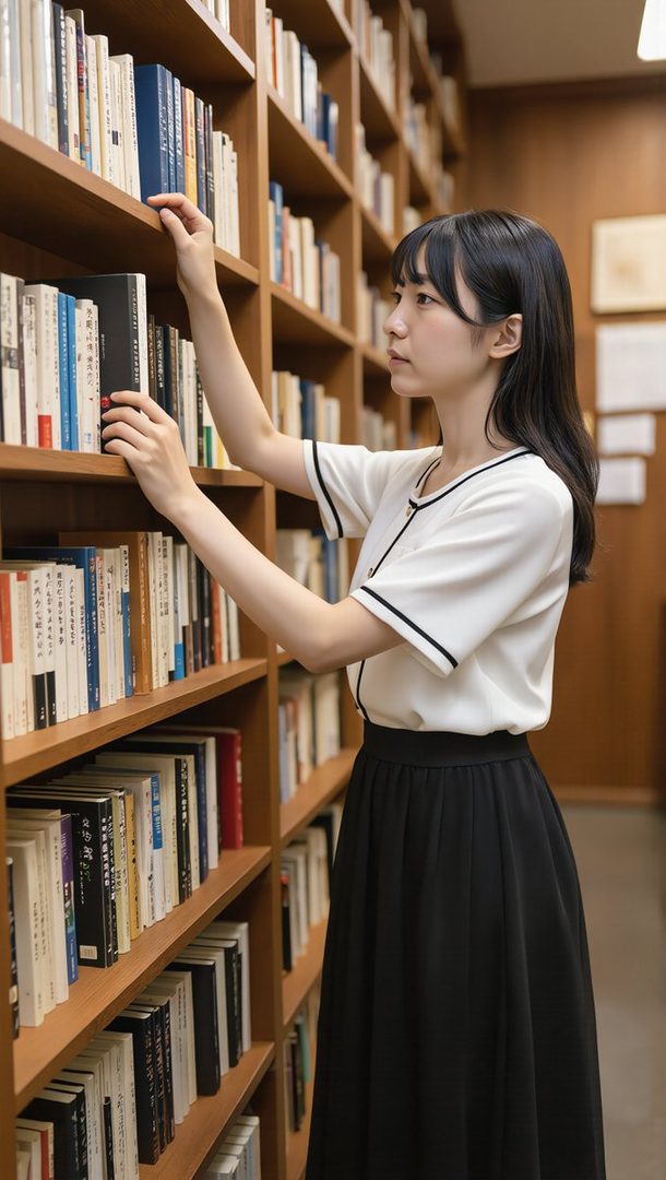 A young East Asian woman with long black hair reaches for a book on a library shelf while wearing a white blouse and black skirt.