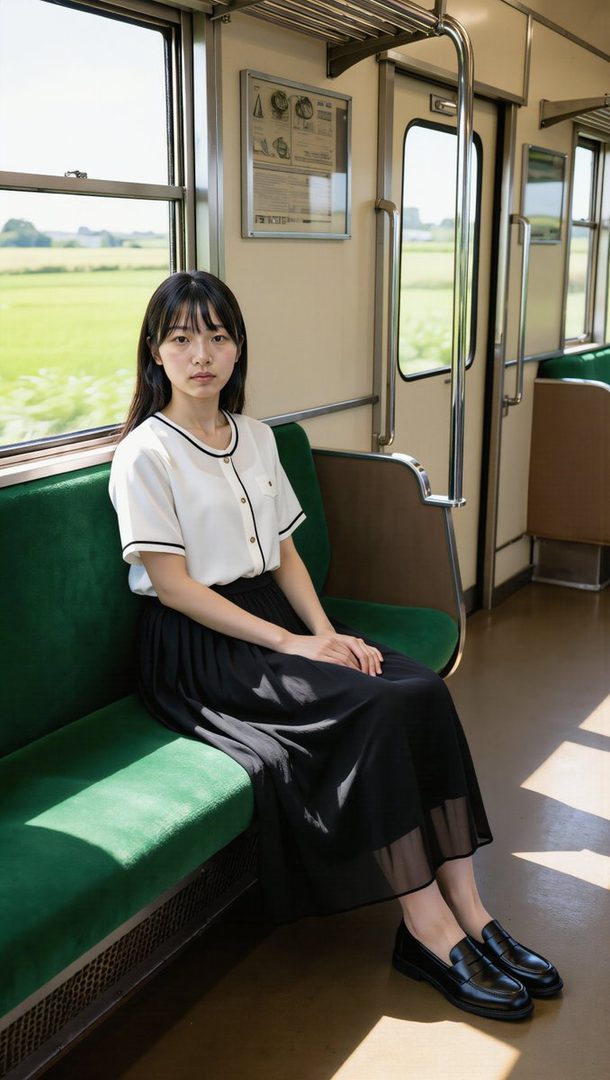 Young East Asian woman with long black hair in a white blouse and black skirt sitting on a green train seat beside a sunny window overlooking green fields.