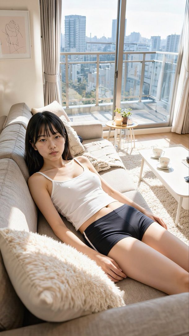 Young East Asian woman with long black hair relaxing on a sofa in a bright modern apartment with city skyline view.