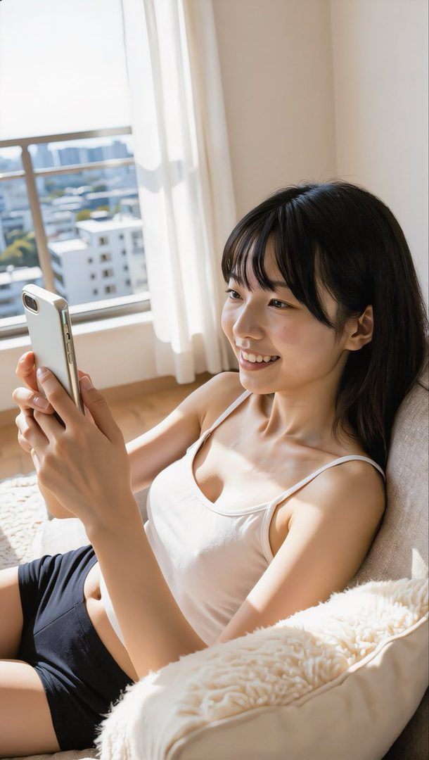A young East Asian woman with long black hair smiles while using her smartphone in a sunlit indoor room by the window.