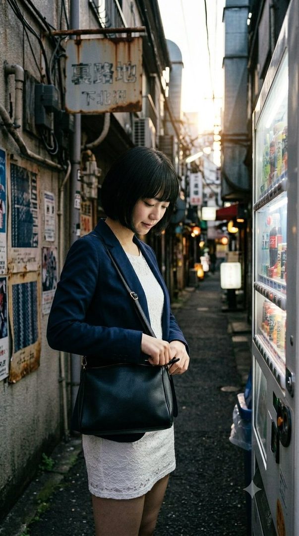 A young woman with a bob haircut and a blue blazer stands in a narrow alleyway, looking into her black handbag next to a vending machine.