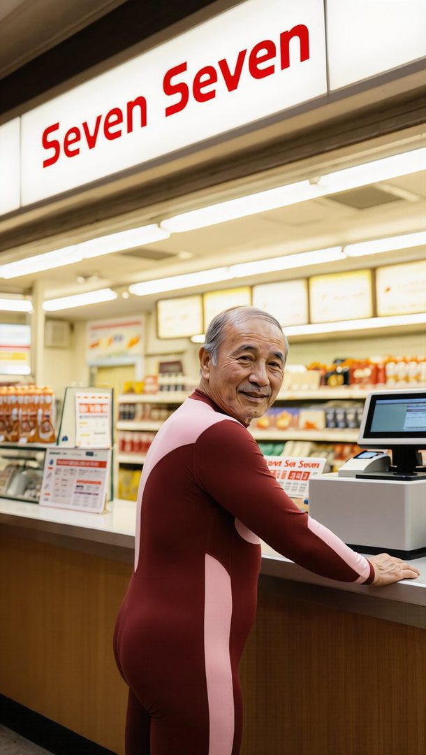 Elderly Japanese man in a tight maroon and pink full-body suit leaning on a convenience store counter.