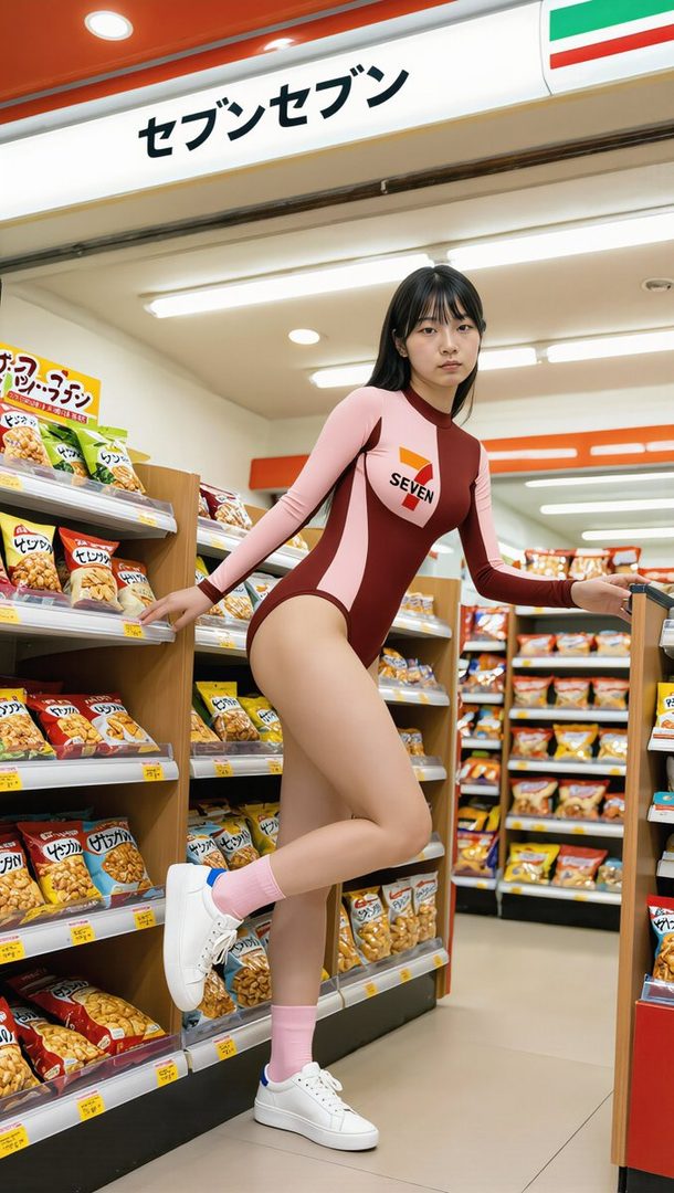 A young woman in a 7-Eleven themed swimsuit poses in a convenience store aisle.
