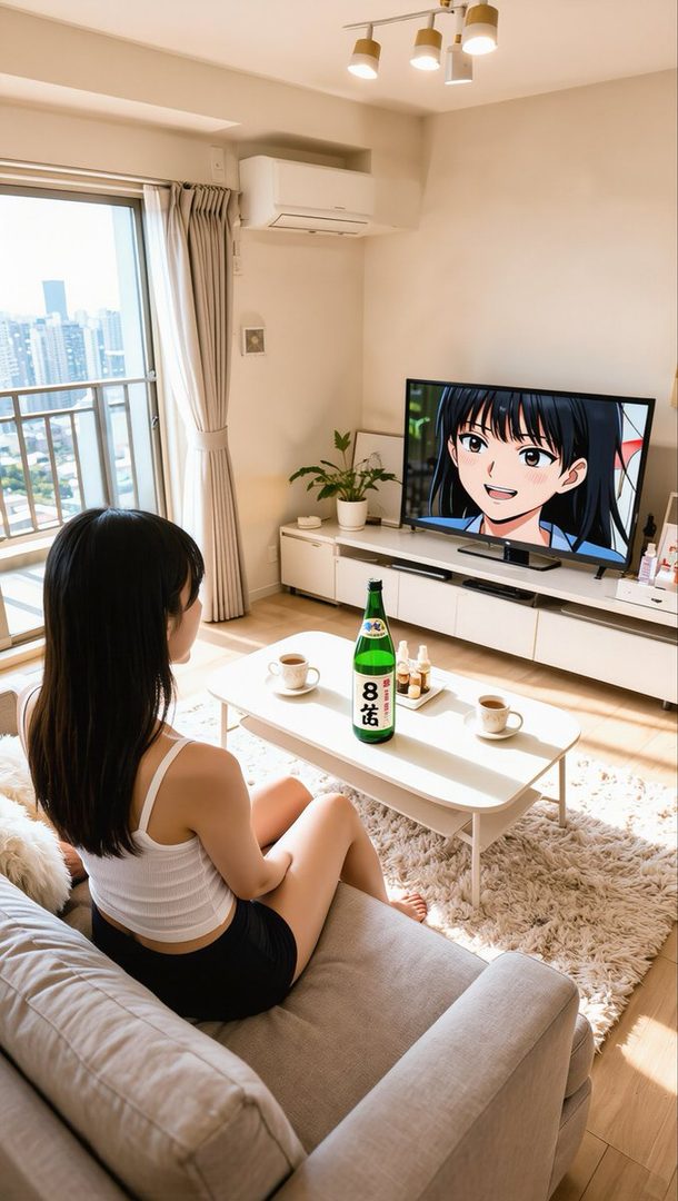 A young woman with long black hair sits on a couch watching anime on television in a bright modern apartment living room.