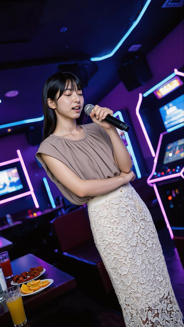 Young East Asian woman with long black hair singing into a microphone in a neon-lit karaoke room.